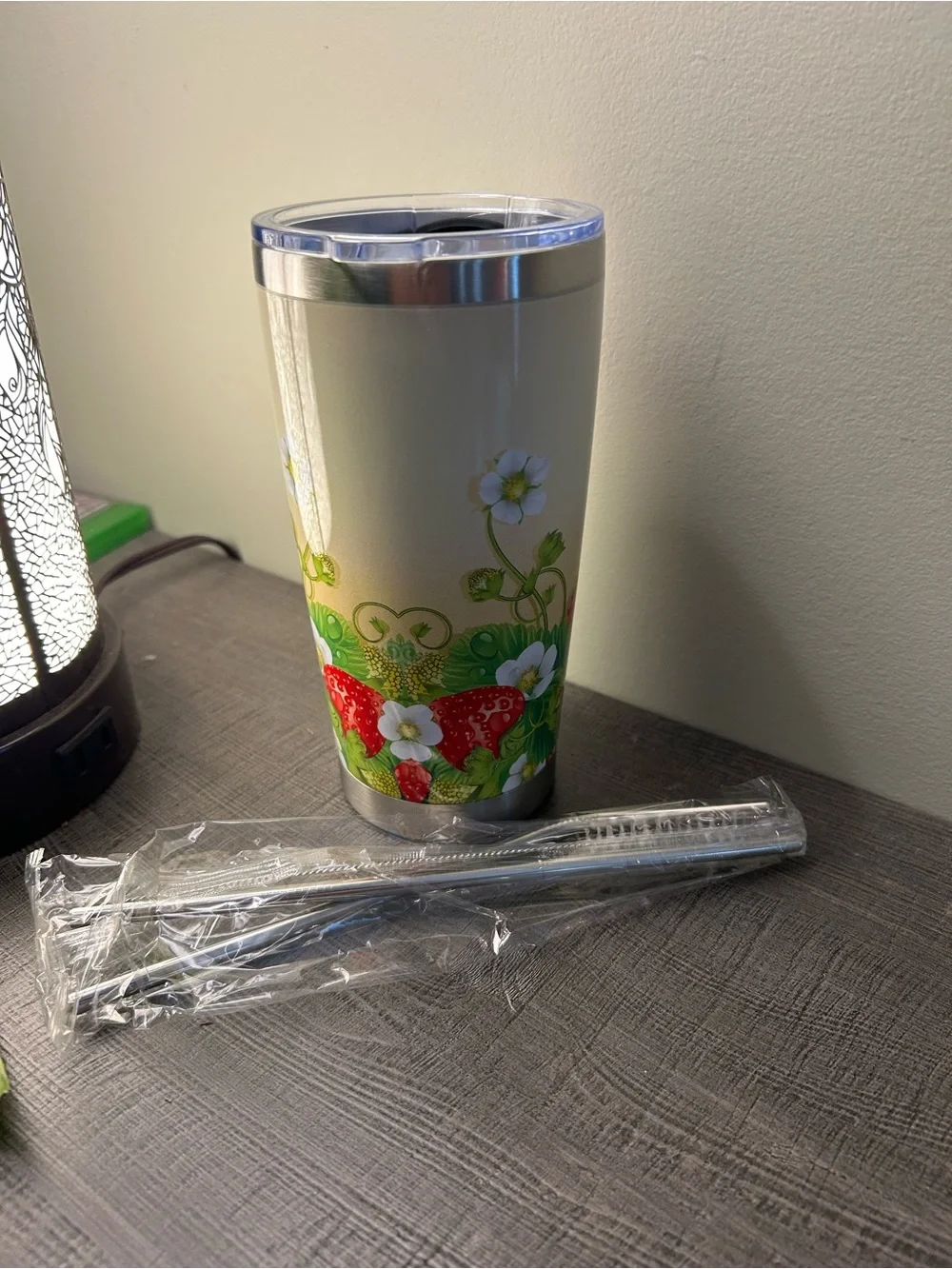 Paper Source White and Pink Strawberry Peace Love Stainless Steel Tumbler